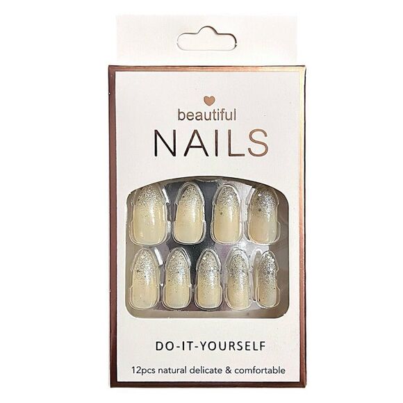 Press On Nails Medium Length Cream Color Silver Glitter Tips Almond Shape NWT - Picture 1 of 2